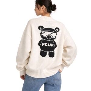 FCUK FRENCH CONNECTION IVORY SKIING TEDDY BEAR CARDIGAN SWEATER - NWT - Size M